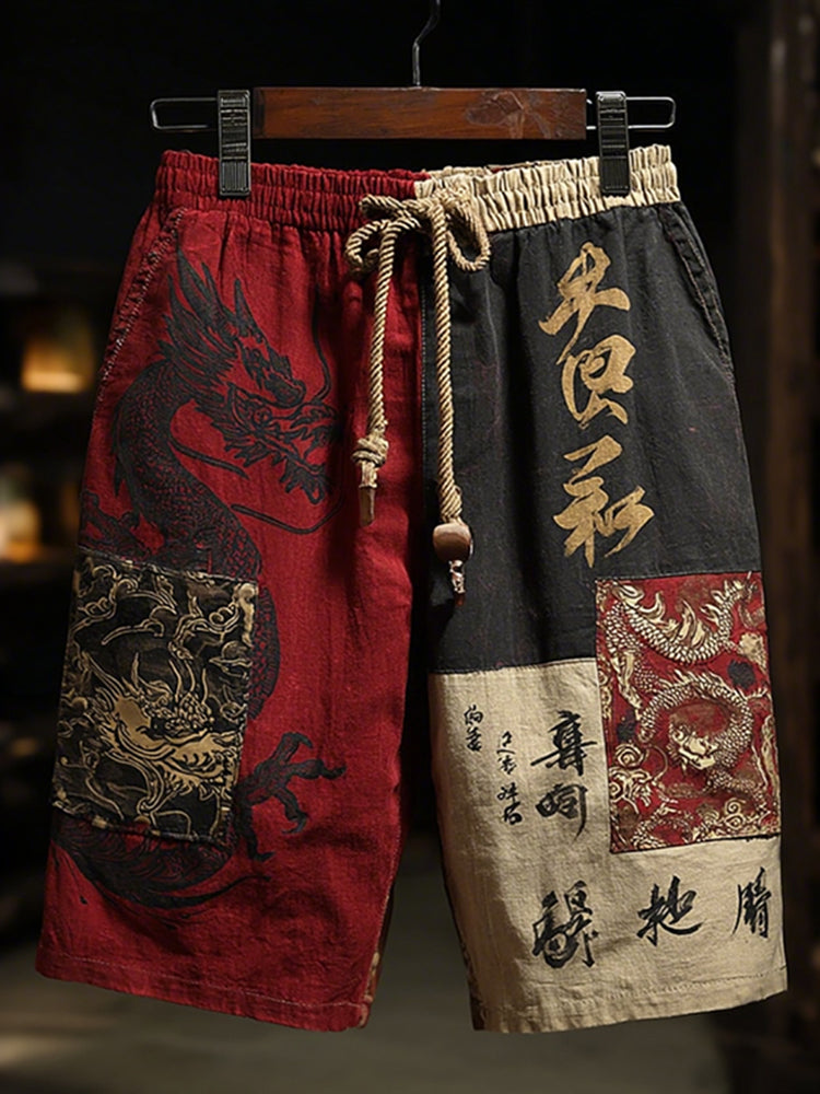 Men's Japanese Dragon Colorblock Art Linen Casual Shorts