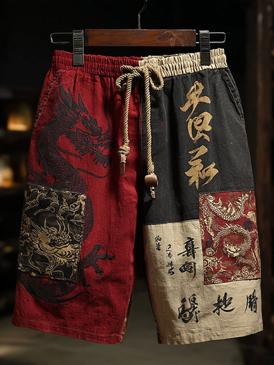 Men's Japanese Dragon Colorblock Art Linen Casual Shorts