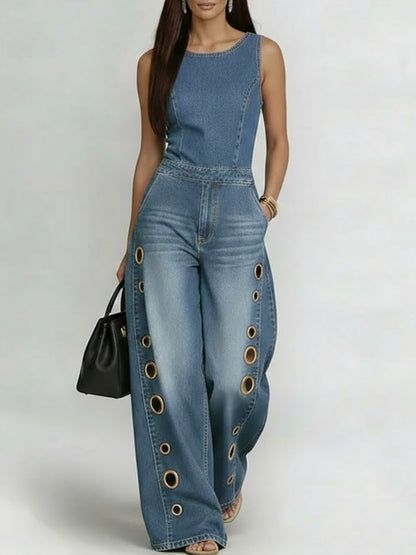 Round Neck Sleeveless Casual Loose Denim Wide-Leg Jumpsuit