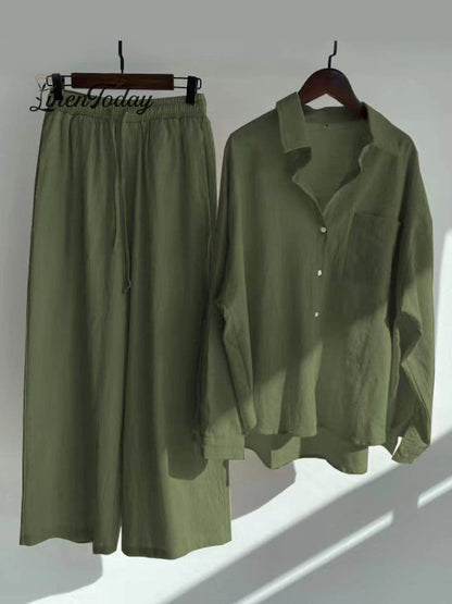 Solid Color Loose Elegant High Waist Casual Cotton and Linen Suit