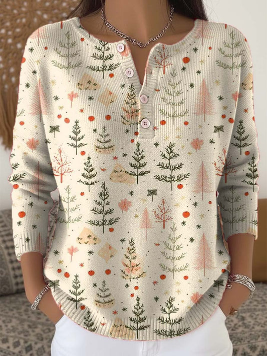 Christmas Tree Art Print Buttoned Cardigan Sweater