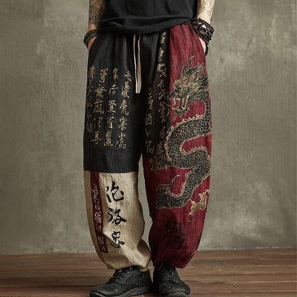 Men's Retro Dragon and Calligraphy Print Colorblock Linen Casual Pants