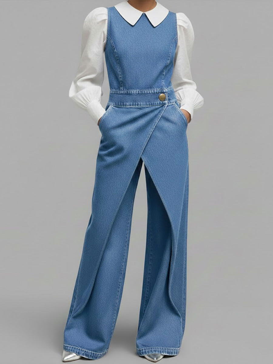 Round Neck Sleeveless Casual Loose Denim Wide-Leg Jumpsuit