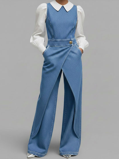 Round Neck Sleeveless Casual Loose Denim Wide-Leg Jumpsuit