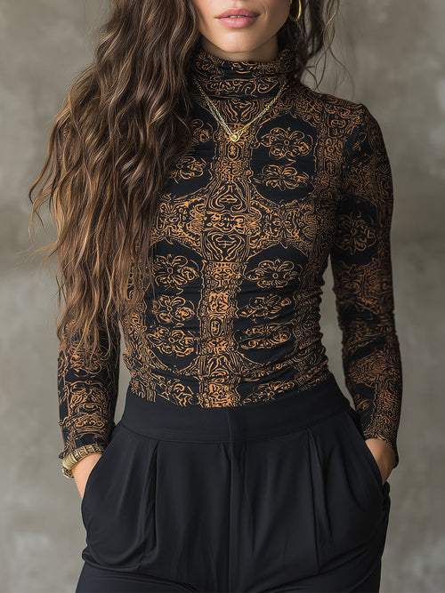 Retro Totem Print Stretch Knit Slim High Neck T-Shirt