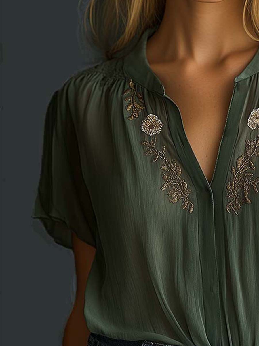 Vintage Embroidered Chiffon Short-Sleeve Shirt