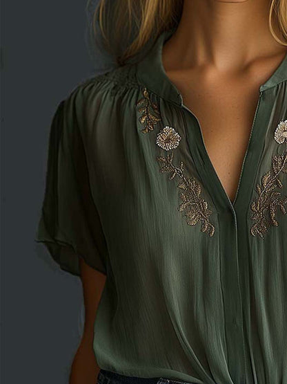 Vintage Embroidered Chiffon Short-Sleeve Shirt