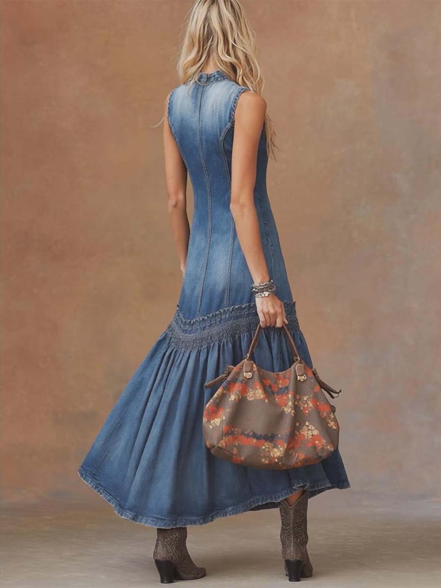 Elegant Vintage Western Tie-Neck Sleeveless Bubble Hem Blue Denim Maxi Dress