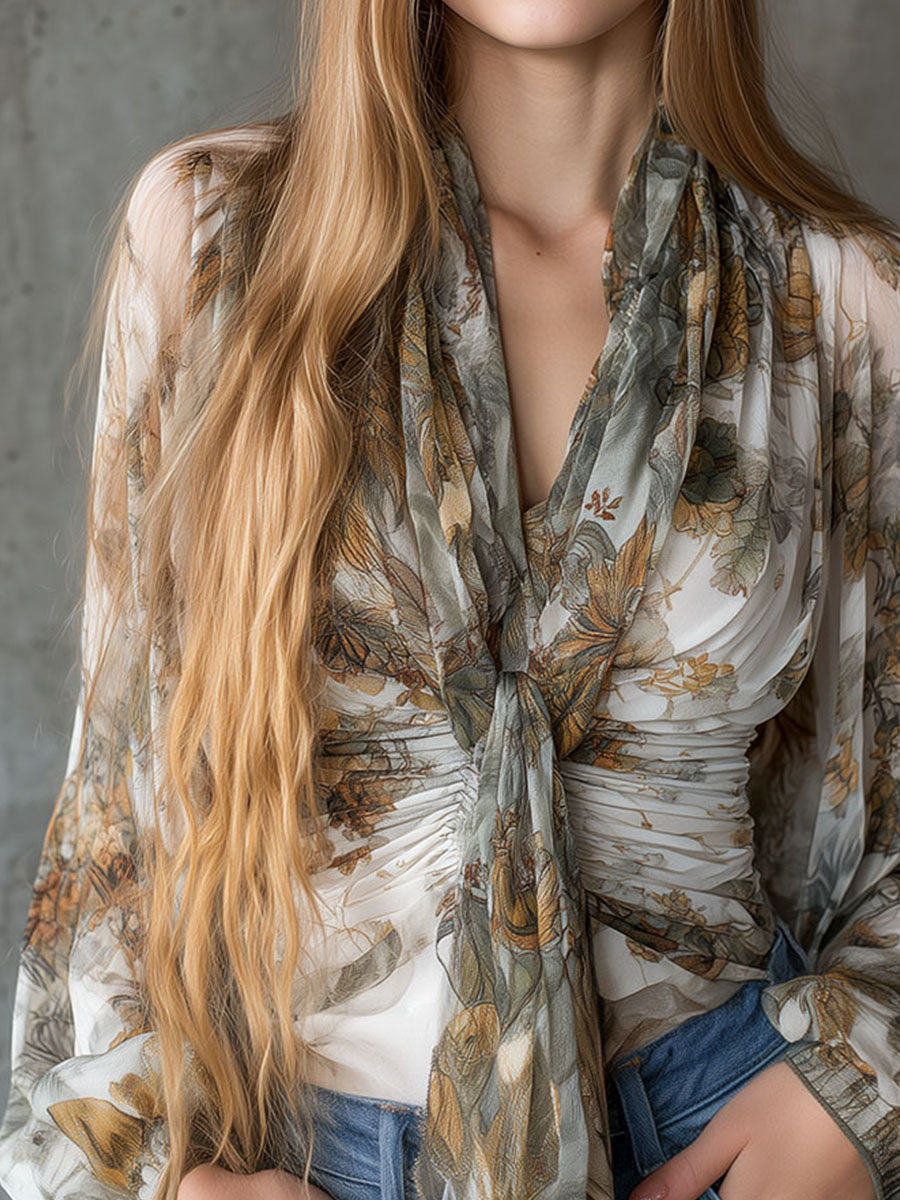 Boho Tie-Neck Floral Chiffon Tie-Neck Blouse with Gathered Waist