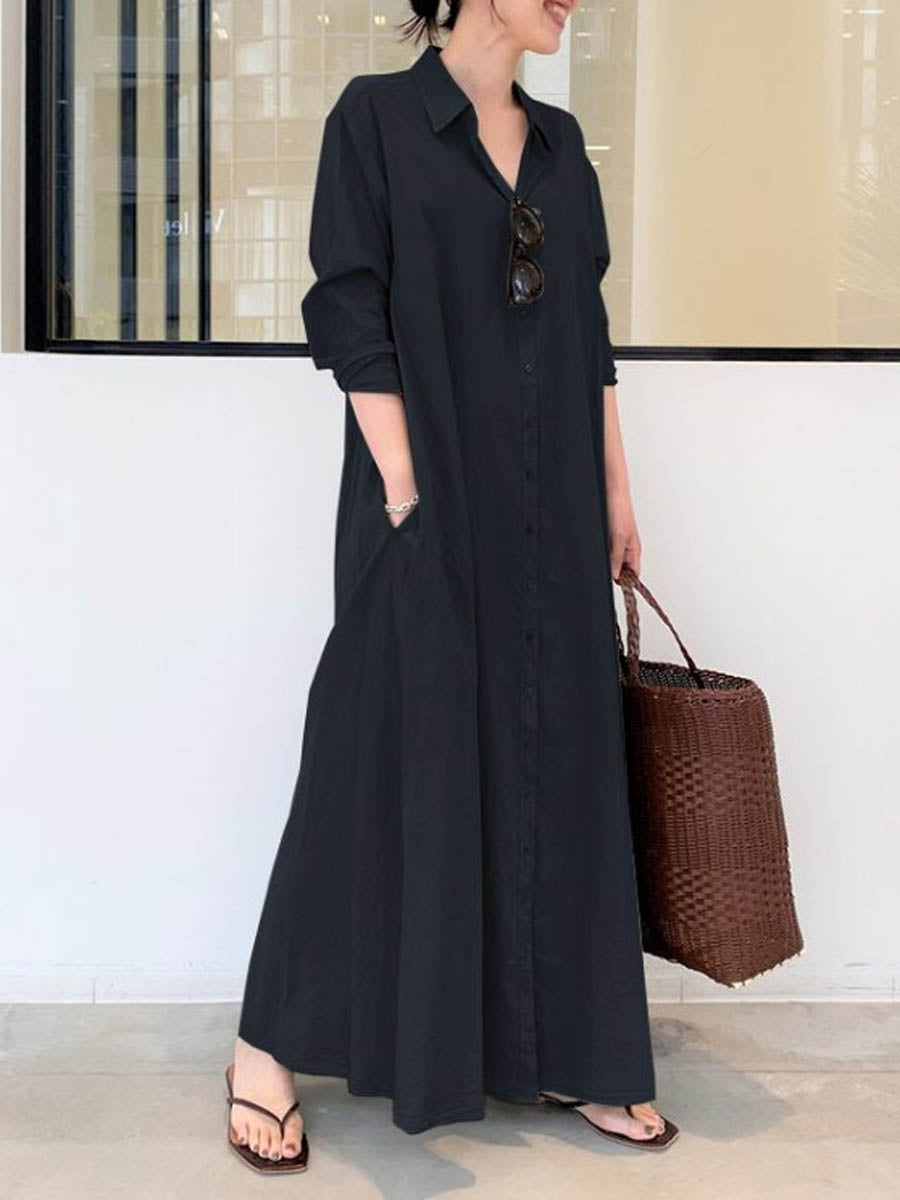 Solid Color Casual Loose Elegant V-Neck Cotton and Linen Pocket Shirt Dress