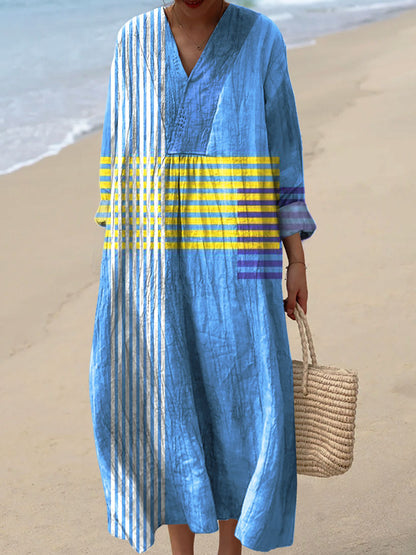 Colorful Abstract Geometric Stripes Art Print Casual Cotton and Linen 3/4-Sleeve Shirt