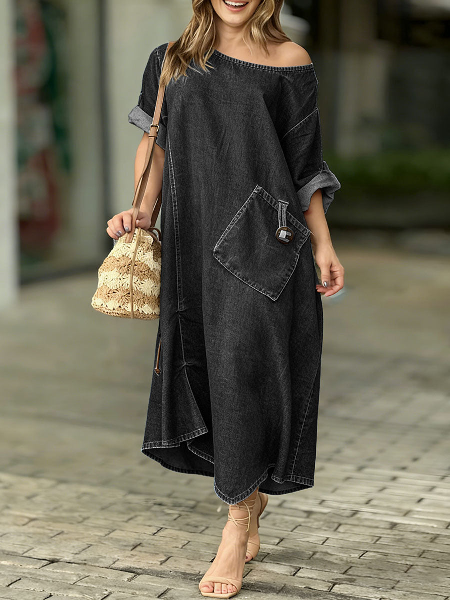 Round Neck 3/4-Sleeve Casual Loose Denim Dress