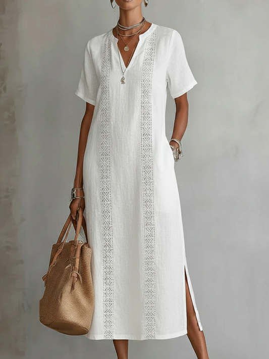 Retro Cozy Lace V-Neck Loose Linen Cotton Dress