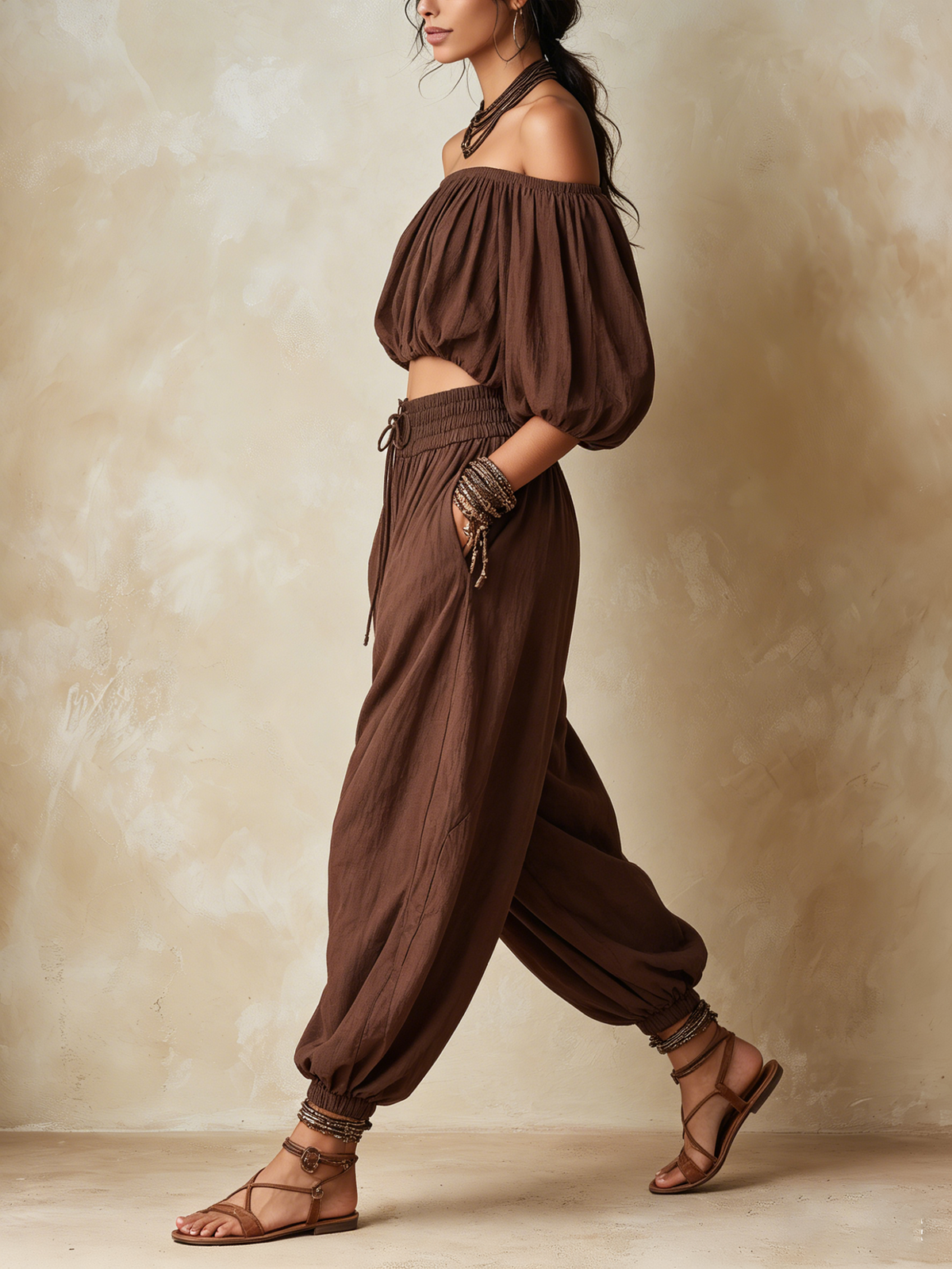 Bohemian Off-Shoulder Crop Top and Harem Pants Two-Piece Set