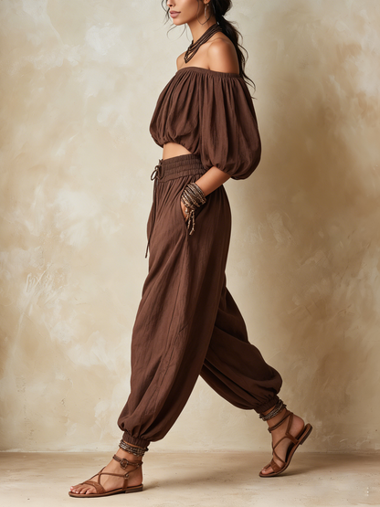 Bohemian Off-Shoulder Crop Top and Harem Pants Two-Piece Set