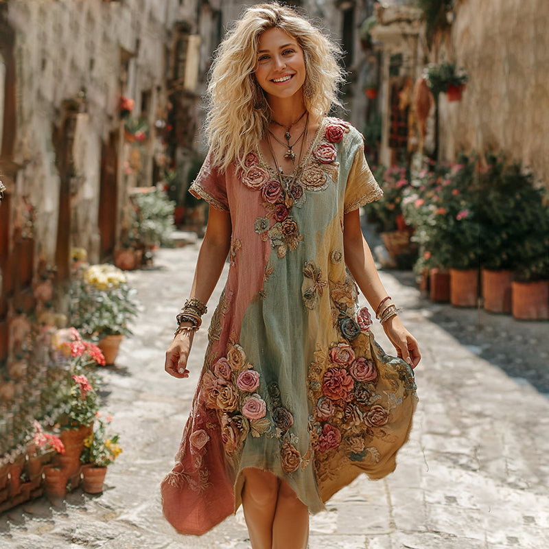 The Ice Cream Collection Classic Bohemian Floral and Rose Gradient Art Linen V-Neck Midi Dress
