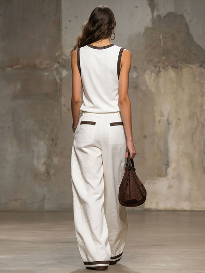 Casual Retro Brown-Trimmed White Cotton Linen Sleeveless Top and Pants Set