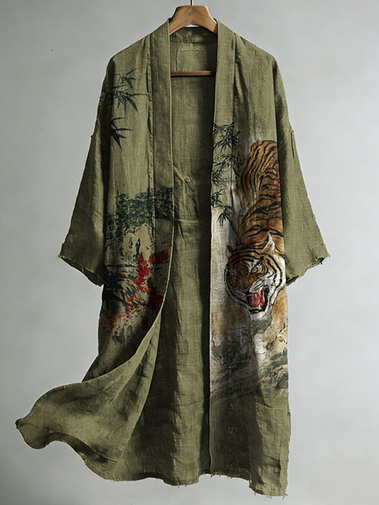 Men's Vintage Bamboo and Tiger Japanese Art Print Linen Long Kimono