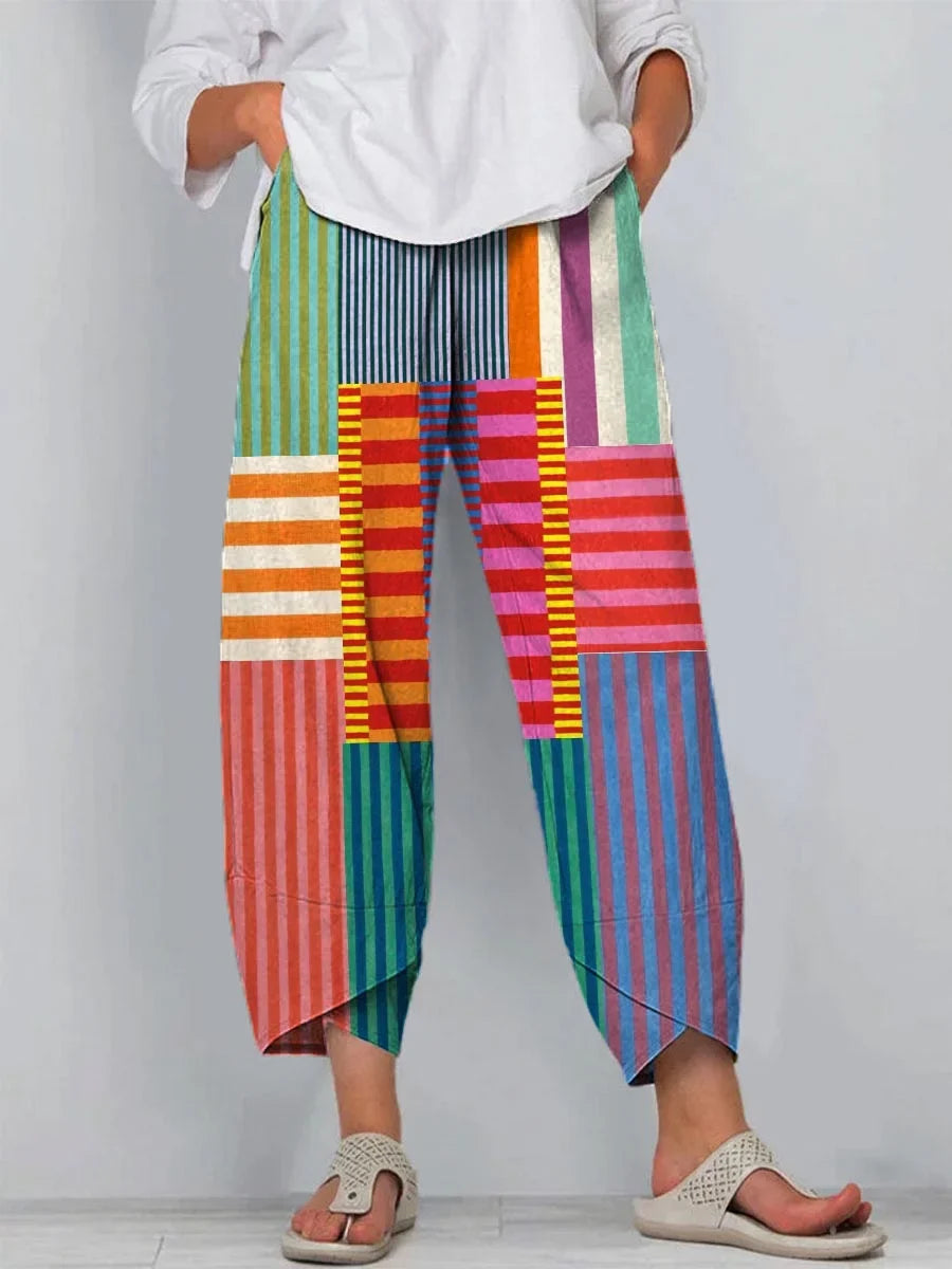 Colorful Patchwork Striped Cotton Linen 3/4-Sleeve Shirt