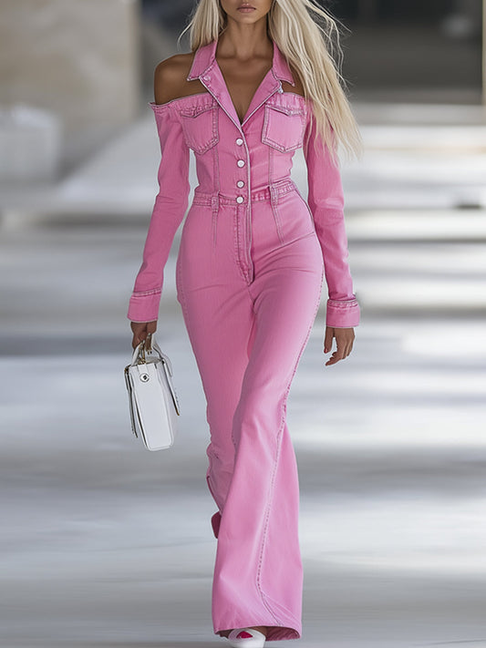 Fashionable Personalized Lapel Pink Denim Off-the-Shoulder Long-Sleeved Flared Jumpsuit