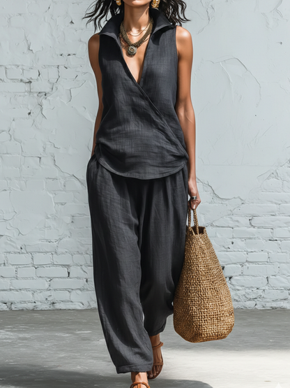 Minimalist Collared Shirt and Wide-Leg Pant Linen Two-Piece Set