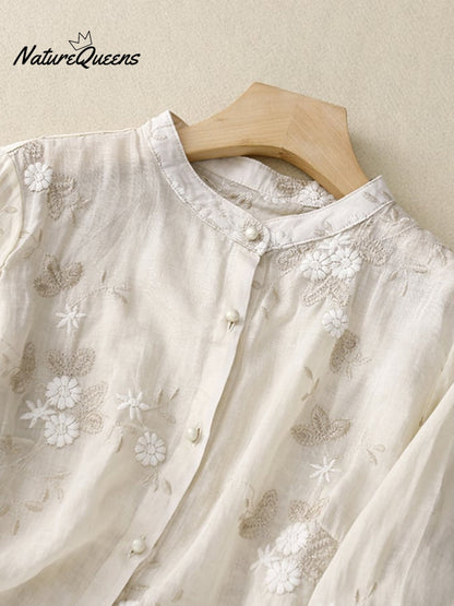 Art Retro Embroidery 3/4-Sleeve Patchwork Shirt