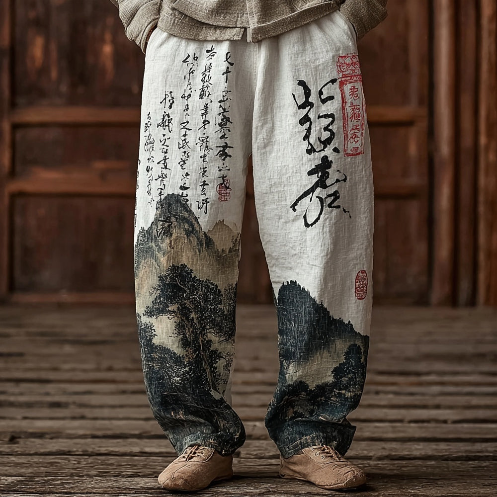 Men's Japanese Landscape Calligraphy Art Comfy Linen Pants