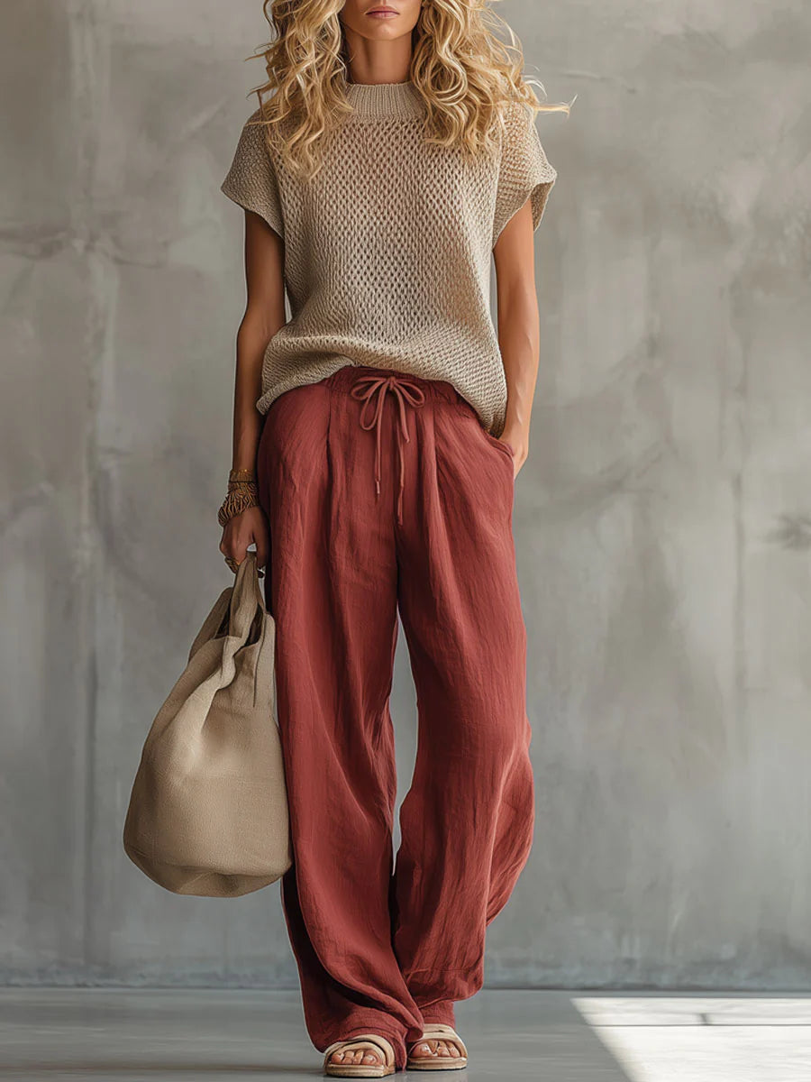 Casual Knitted Pullover Top and Linen-Cotton Trousers Two-Piece Set