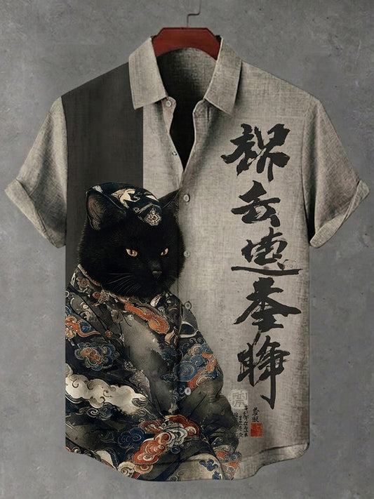 Men's Japanese-Style Cat Calligraphy Art Print Linen Short-Sleeved Shirt