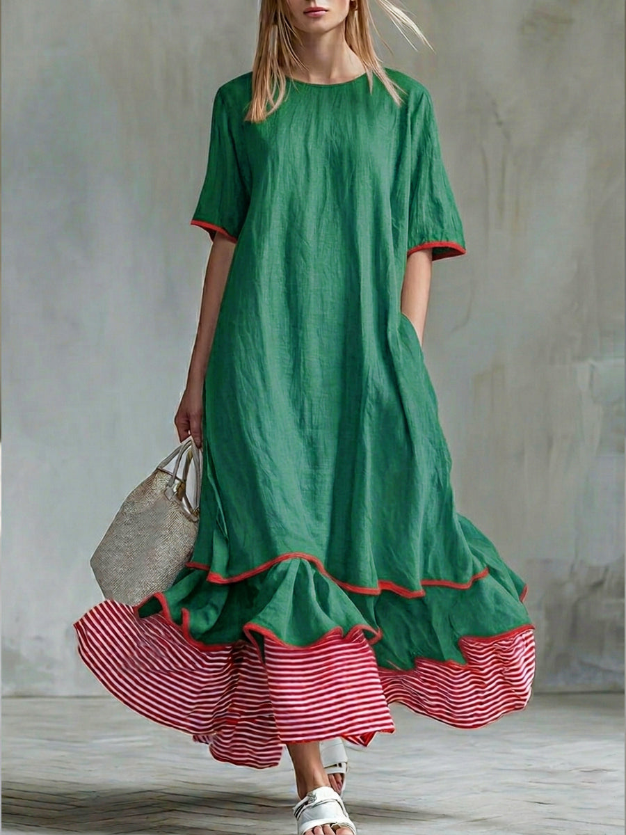 Patchwork Striped Midi Dress with Casual Red Summer Dress