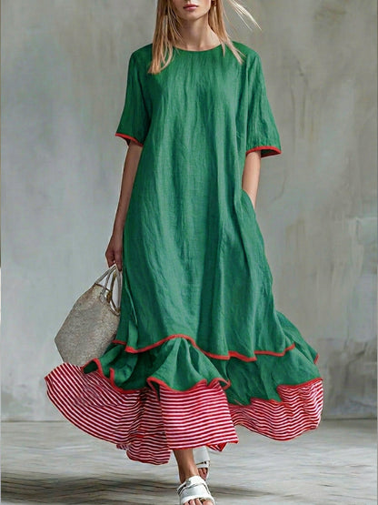 Patchwork Striped Midi Dress with Casual Red Summer Dress