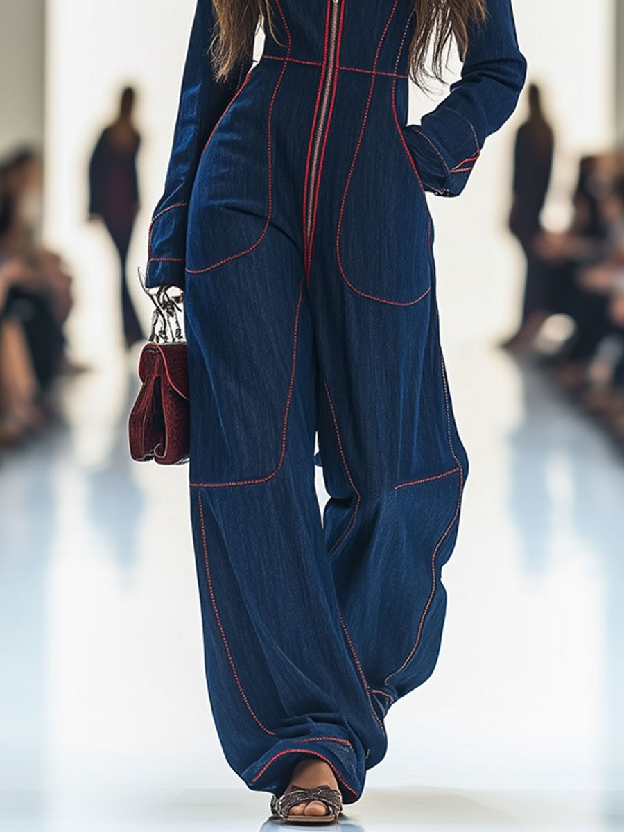 Casual Loose Retro Red Topstitched Denim Wide-Leg Long-Sleeve Jumpsuit