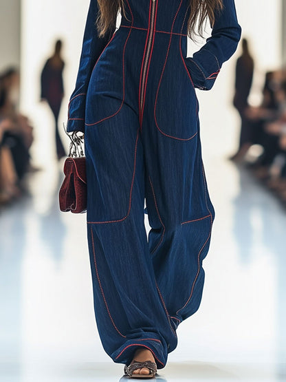 Casual Loose Retro Red Topstitched Denim Wide-Leg Long-Sleeve Jumpsuit