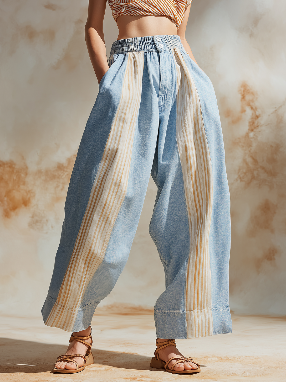 Striped Patchwork Denim Wide-Leg Pants with Pockets