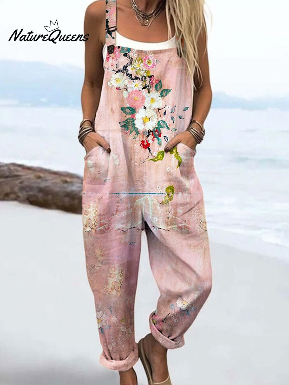 Vintage Floral Art Print Casual 100% Cotton Wide-Leg Jumpsuit