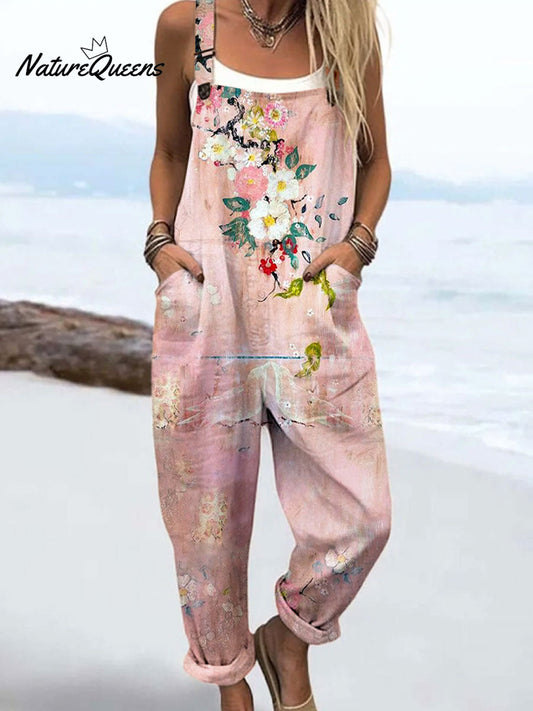Vintage Floral Art Print Casual 100% Cotton Wide-Leg Jumpsuit