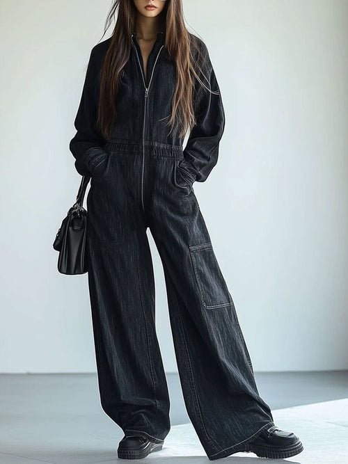 [24-Hour Shipping Out]casual Loose Retro Denim Zipper Elastic Waist Lapel Long-Sleeve Jumpsuit
