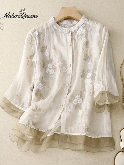 Art Retro Embroidery 3/4-Sleeve Patchwork Shirt