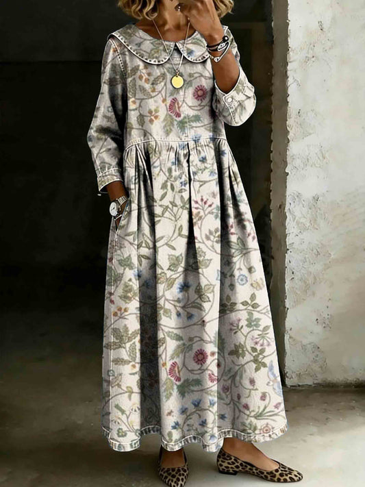 Vintage Floral Art Print Lapel Collar Pleated Long-Sleeve Casual Loose Denim Dress