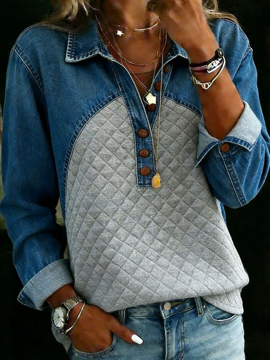 Casual Denim Patchwork Contrast Color Shirt