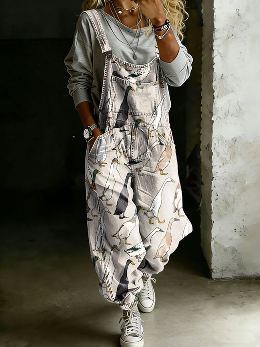 Duck Farmer Print Casual One Piece Denim Jumpsuit