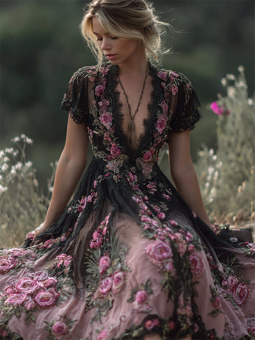 Pink Roses Embroidered Black Lace Gradient Flowy Dress