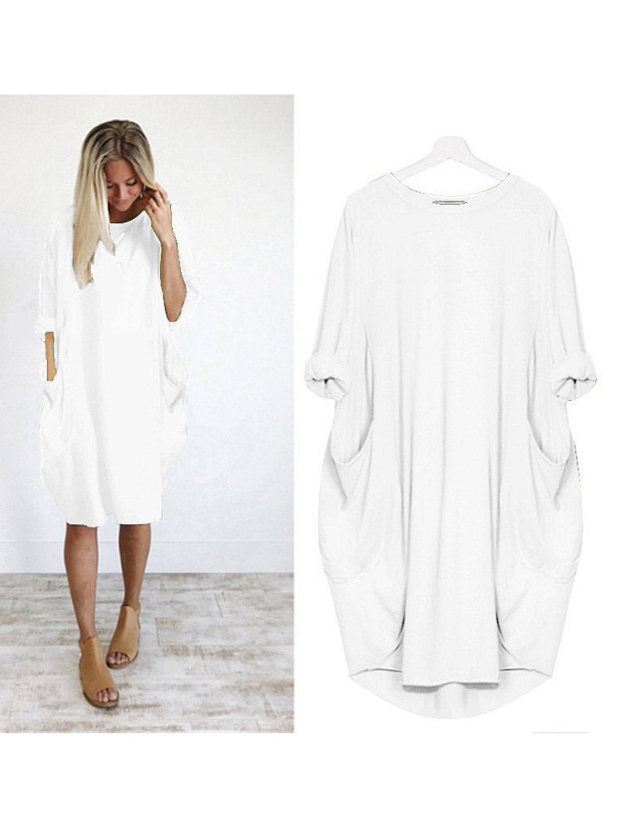 Solid Color Loose Elegant Casual Long-Sleeved Pocket Dress