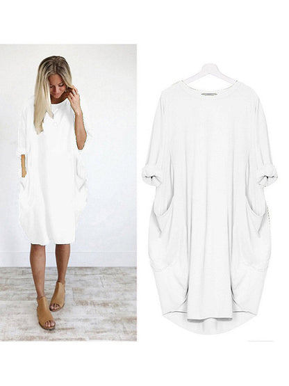 Solid Color Loose Elegant Casual Long-Sleeved Pocket Dress