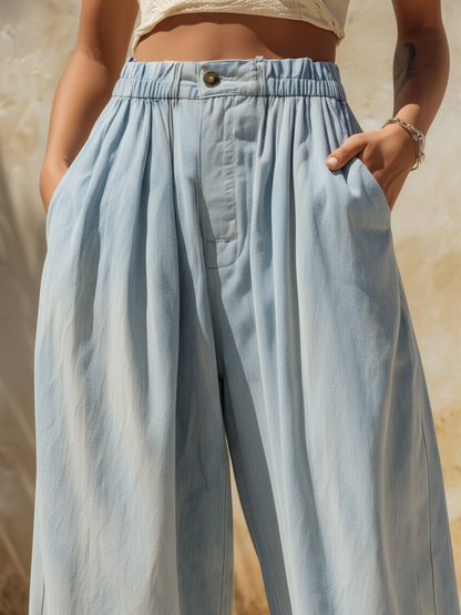 Light Wash Denim High-Waisted Wide-Leg Pants with Elastic Waist