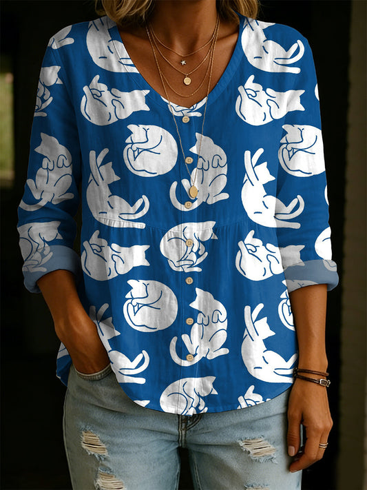 Cute Cat Decorative Patterns Linen and Cotton Shirt
