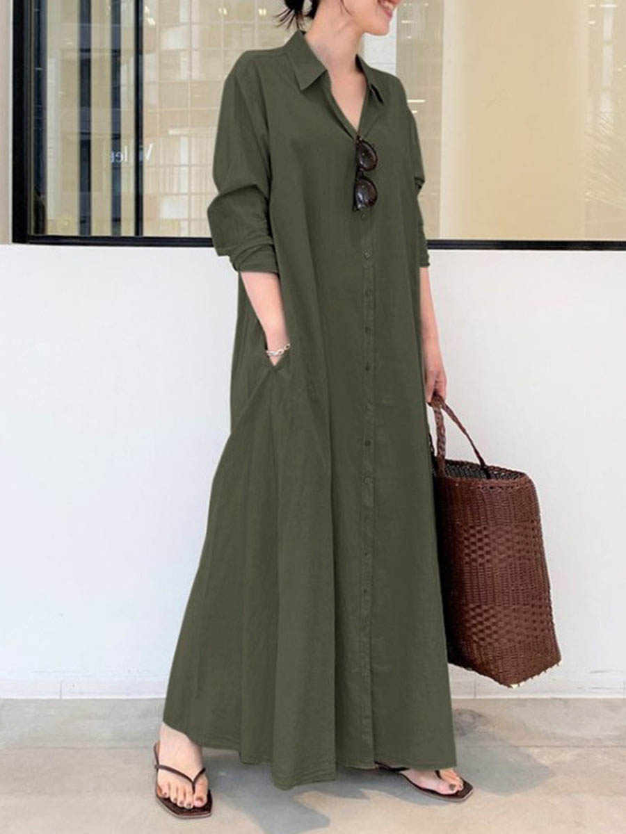Solid Color Casual Loose Elegant V-Neck Cotton and Linen Pocket Shirt Dress