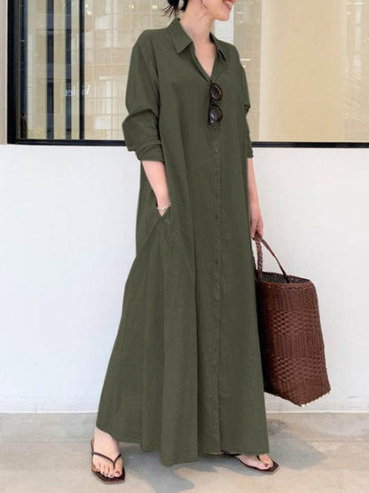 Solid Color Casual Loose Elegant V-Neck Cotton and Linen Pocket Shirt Dress
