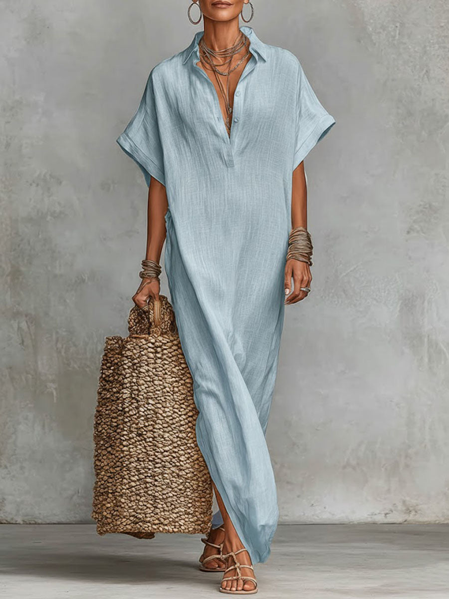 Solid Color Collared Short-Sleeved Casual Loose Linen Dress