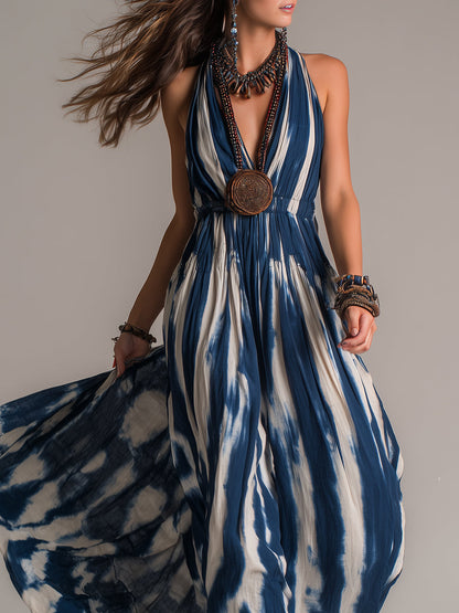 Vintage Tie-Dye Print Sleeveless Maxi Dress